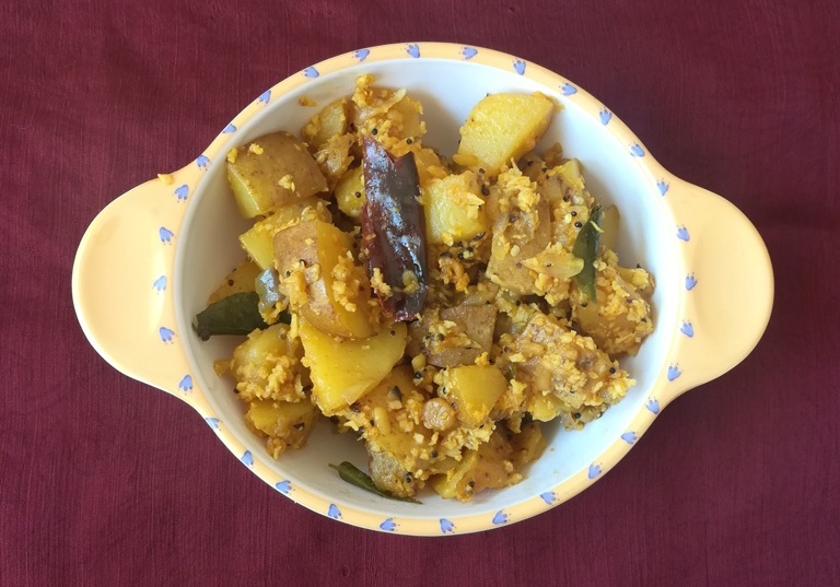 kongu style potato poriyal recipe, how to make potato poriyal recipe, Urulaikilangu Poriyal